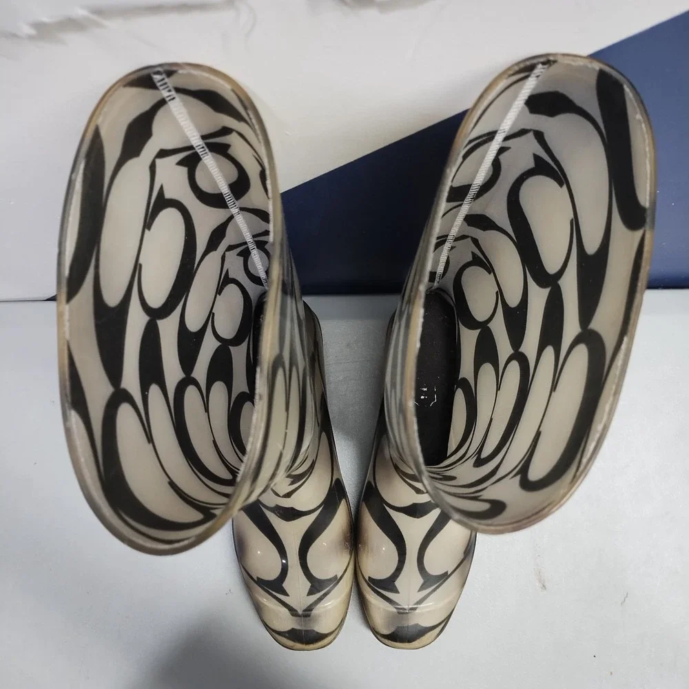 Coach Rain Boots Womens US 9 Multi Signature Logo Waterproof Mid Calf Pull On